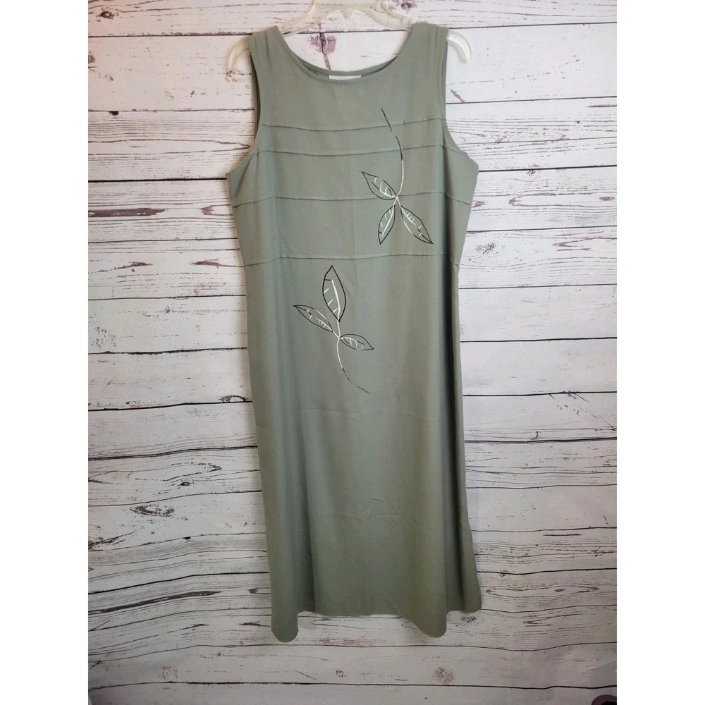 NOS VTG Leslie Belle Dress 90s Minimalist Sheath Tiered Leaf Sage Green Size 10